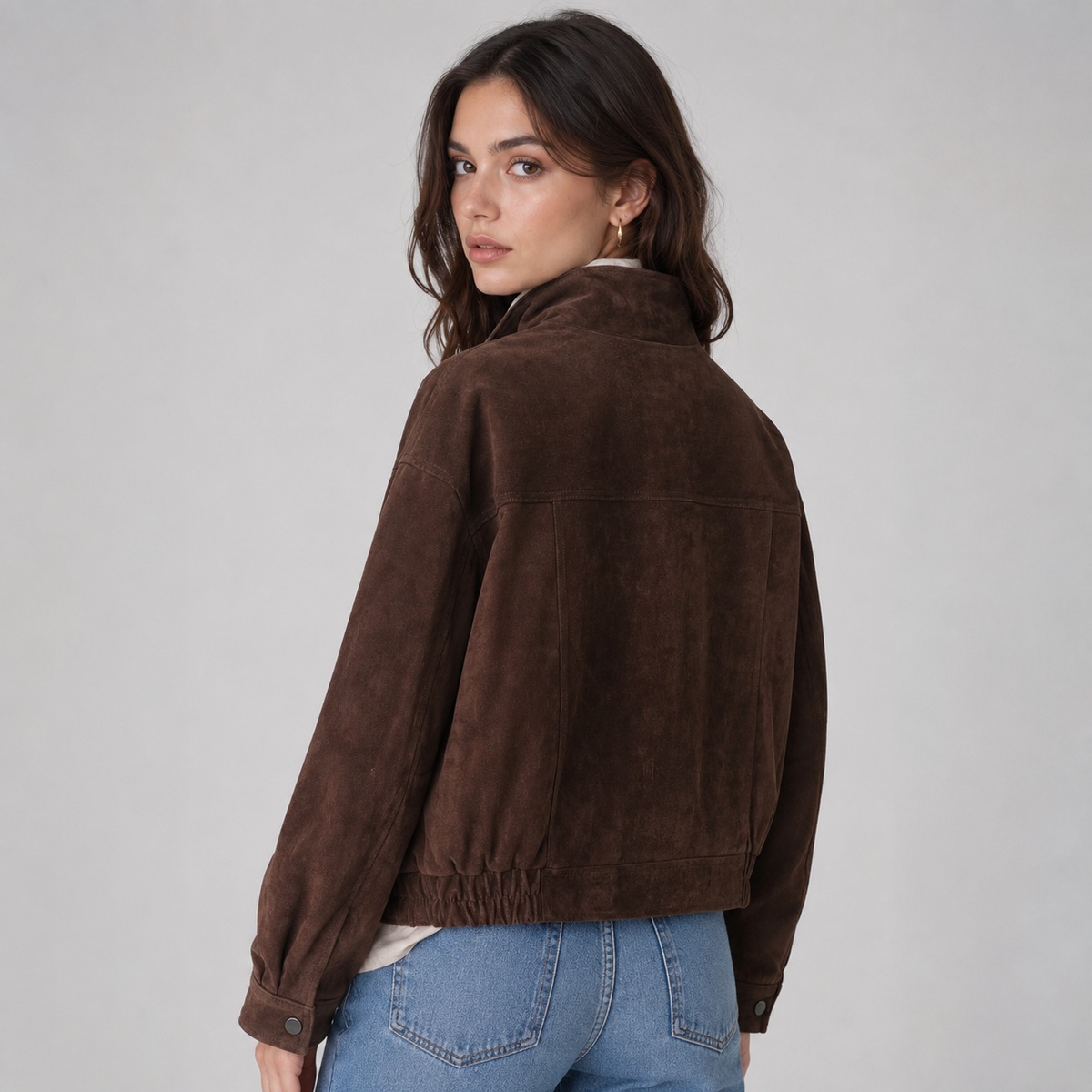 Women's Suede-Look Cropped Jacket with Snap Front