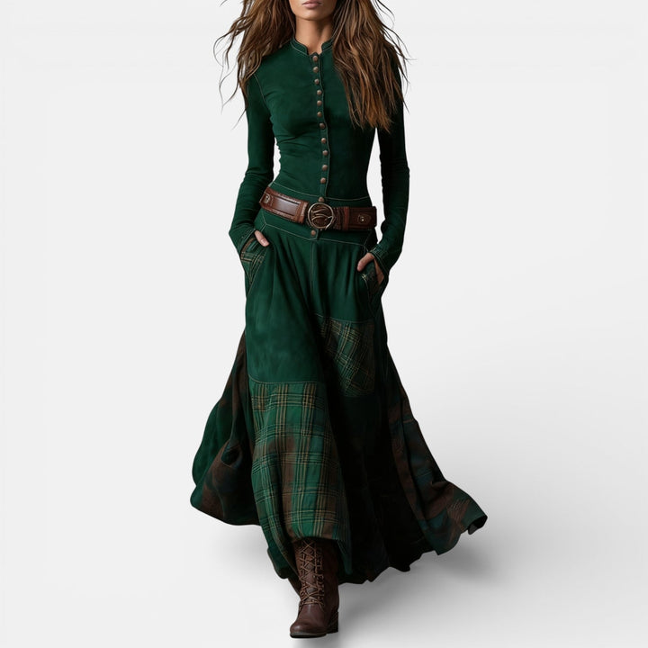 Leonora | Vintage Long Dress in Navy Blue Suede Check (Includes Belt)