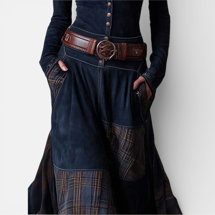 Leonora | Vintage Long Dress in Navy Blue Suede Check (Includes Belt)